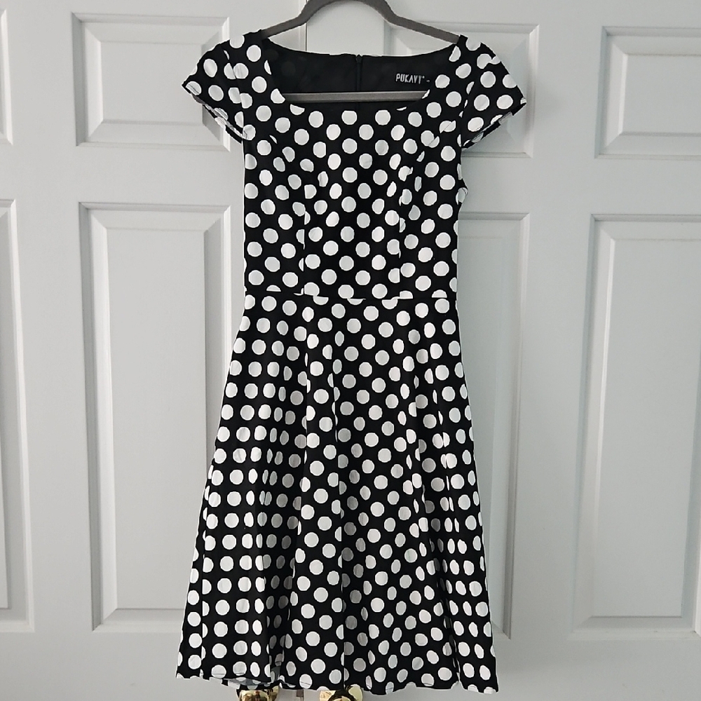 50s Inspired Black and White Polka Dot Midi Dress